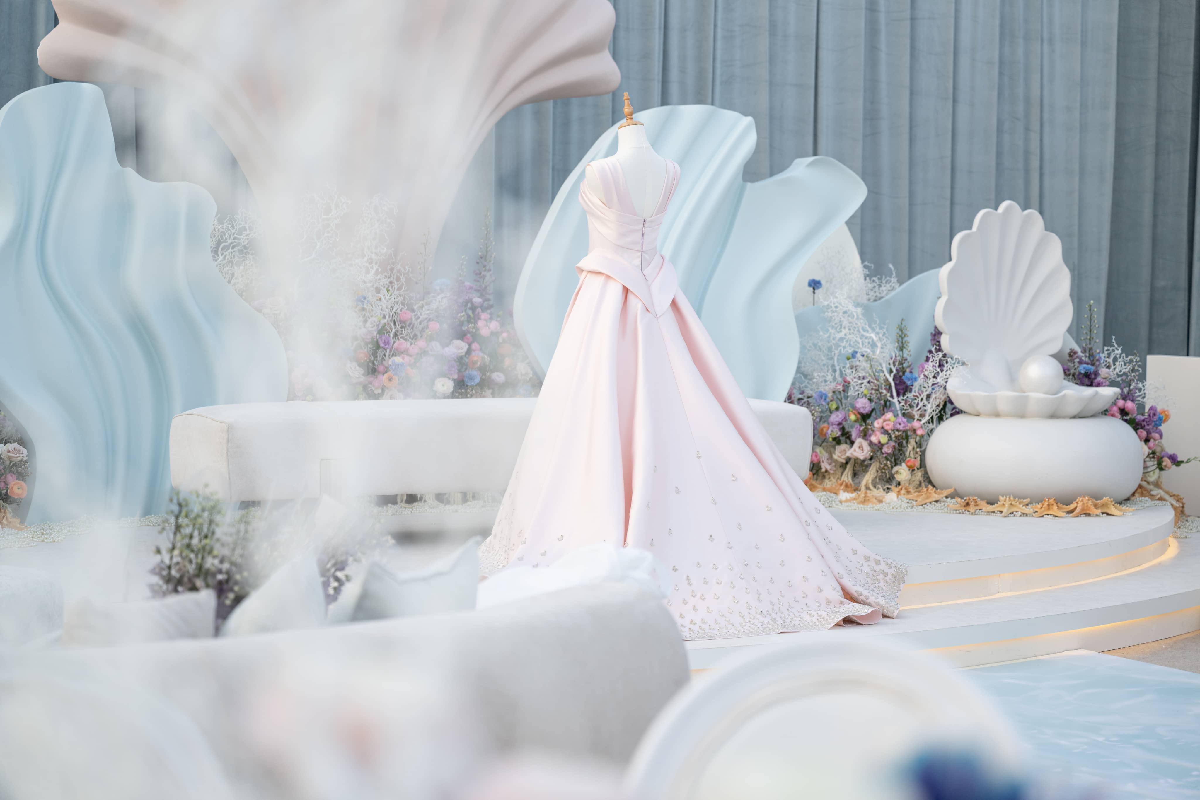 Pastel couture dress setup for bespoke wedding styling